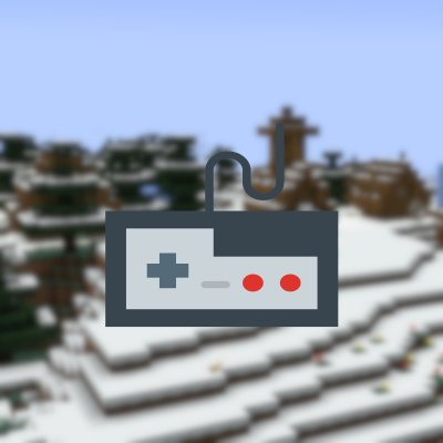 Logo: A retro games controller over a blurred snowy mountain village next to a spruce forrest.